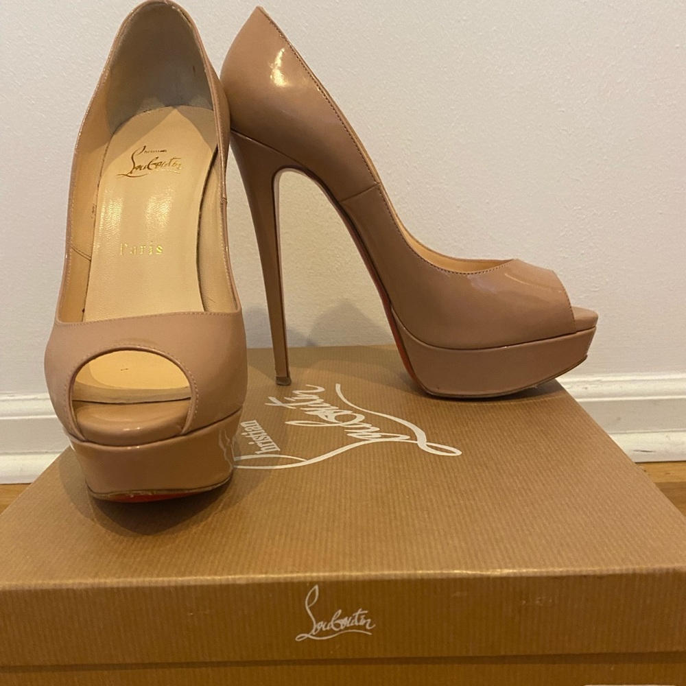 Christian Louboutin Nude, Peep toe high heels- “ Lady Peep” Patent